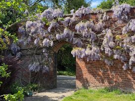 An archway with wisteria flowers and a gate at The Garden Hut in Wrexham