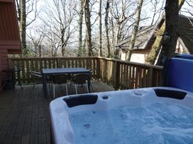 An outdoor space with a hot tub and dining furniture at Acorn Lodge Finlakes Holiday Park near Chudleigh