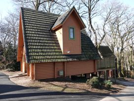 A wooden house with a sloped roof and deck at Acorn Lodge Finlakes Holiday Park near Chudleigh