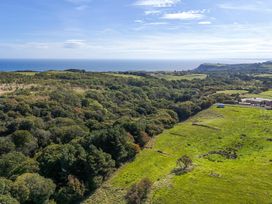An aerial view of fields and trees near the ocean at Hare Pod Staintondale near Burniston