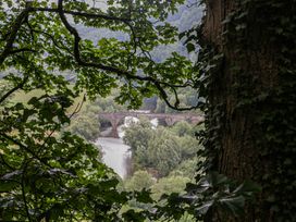 A view of a bridge over a river framed by trees at Wren Cottage in Ross-on-Wye