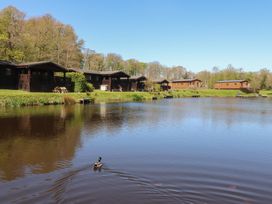 A view of cabins by a lake with trees at Butterfly Hut 1 Forton near Garstang