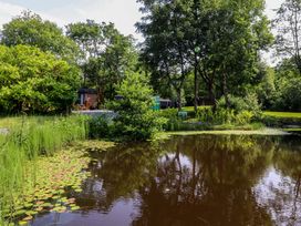 A pond with lilypads near trees and a wooden cabin at Shepherds Hut 2