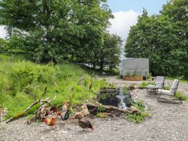 An outdoor area with a pond and chickens at Gwybedog in Llanwrda
