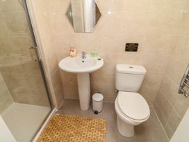 A bathroom with a shower, wash basin, and toilet at Lodge 9 in Brigg