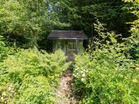 A garden shed surrounded by plants and greenery at The Old Barn in Ciliau Aeron near Aberaeron