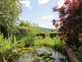 A garden with a pond and water lilies at Uplands Cottage in Ledbury
