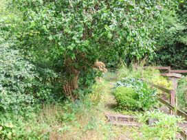 A garden with a tree, bushes, and a pathway at 5 Hollins Cottages in Whitby
