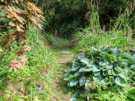 A garden with a bench surrounded by plants at 5 Hollins Cottages in Whitby