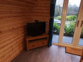 A living room with a television and a window at Lodge 2 in Pontyates