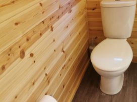 A bathroom with a toilet and wood paneling at Lodge 2 Pontyates