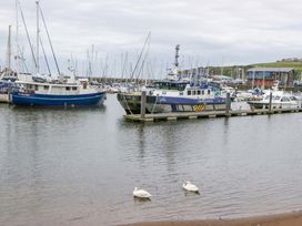 A marina with boats and swans at Duncan Square in Whitehaven