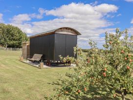 A shepherd's hut with an apple tree at Wolds Hoot in Market Weighton