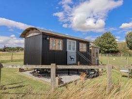 A black cabin with steps and windows in a grassy area at Wolds Hoot in Market Weighton