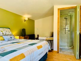 A bedroom with a bed, TV, armchair and shower at Harvey's Lodge in Helston