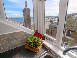 A kitchen window view with a chimney and a plant at Seagulls Nest in St Ives