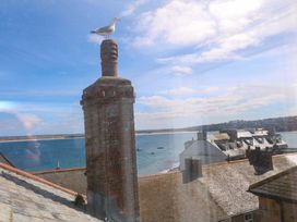 A chimney with a seagull on top overlooking the sea and houses at Seagulls Nest in St Ives