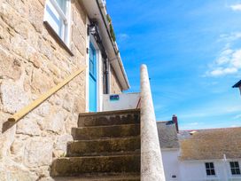 Stairs leading to a door with a blue frame at Seagulls Nest in St Ives