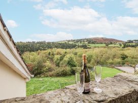 A view of champagne and glasses on a stone surface with a landscape in the background at The Hayloft in Bodelwyddan