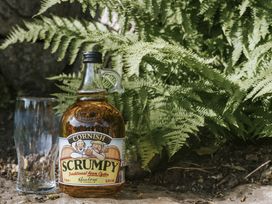 A bottle of Cornish Scrumpy cider and a glass next to ferns at Bluck's cottage St. Agnes