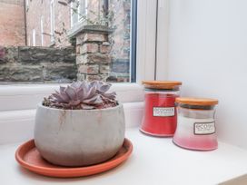 A succulent plant in a pot with candles on a windowsill at 1 Castle Terrace Thirsk