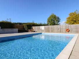An outdoor swimming pool with a ladder and life buoy at Maple Lodge in Teigngrace near Kingsteignton