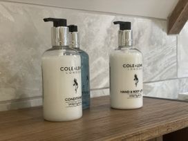 Bottles of conditioner and lotion on a shelf in a bathroom at Queensbury Loft in Par