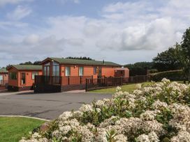 An outdoor view of log cabins and flowering shrubs at Cody Cottage Lodge Mullacott Park near Ilfracombe