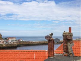 A rooftop view of the sea and nearby buildings at Greenfingers in Whitby