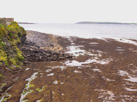 A rocky shore with seaweed and a distant island at The Farmhouse in Tralee, County Kerry
