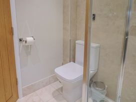 A bathroom with toilet and shower at The Roost in Whitford Nr. Colyton