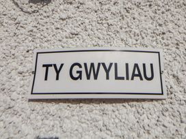 A nameplate reading TY GWYLIAU on a textured wall at Clwyd Special Riding Centre
