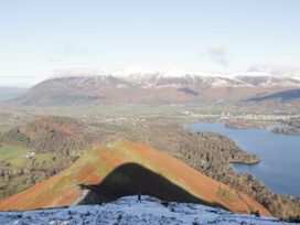 A view of mountains and a lake with hikers in the foreground at Swirl Howe, Keswick