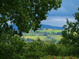 A view of trees and hills under a cloudy sky at Gatekeepers Cottage Llandovery