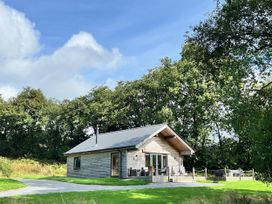 A cabin in the woods with a pathway and outdoor seating at Cadno Aber near Llanybydder