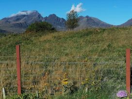 A view of mountains and grass with a fence and small flower at The Pod at Greenbank Kilbride near Broadford