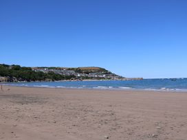 A beach with sea and houses in the background at Zenobia in New Quay