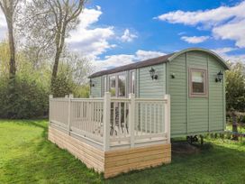 A green cabin on a wooden deck surrounded by trees at The Dragonfly in Bewholme near Hornsea