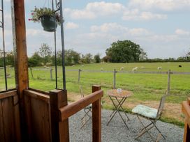A view of sheep grazing in a field from a patio area at Sharon's Shepherd Hut in Oswestry