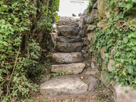 Stone steps leading up between stone walls with greenery at Garreg Fawr