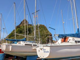 Boats with masts in a harbor with a hill in the background at Honey Cottage Ilfracombe