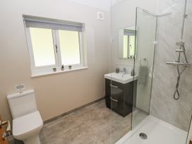 A bathroom with a shower, toilet, and sink at Dwrgi in Llanybydder