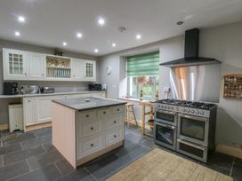 A kitchen with a stove and kitchen island at Penally Mews St Dogmaels