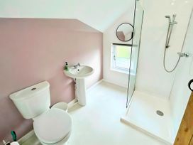 A bathroom with a toilet, sink, and shower at Hen Stablau in Corwen