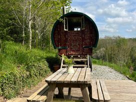 A caravan and wooden table with flowers at Goldfinch in Panson Mill near Ashwater