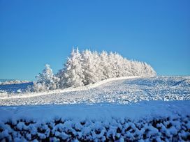 A landscape featuring snow-covered trees and hills in clear weather at The Cabin in Crawshawbooth