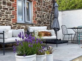 An outdoor seating area with a dog on a couch at The Dairy in Bridgerule