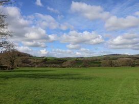 An open field with trees and hills at Court House Farmhouse in Charmouth
