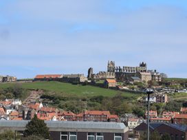 A view of Whitby Abbey and surrounding buildings in Whitby