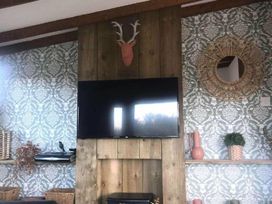 a wall featuring a television mounted above a wooden mantel with decorative items at Hafan y Mor Haven - Holiday Accommodation 20258 in Pwllheli